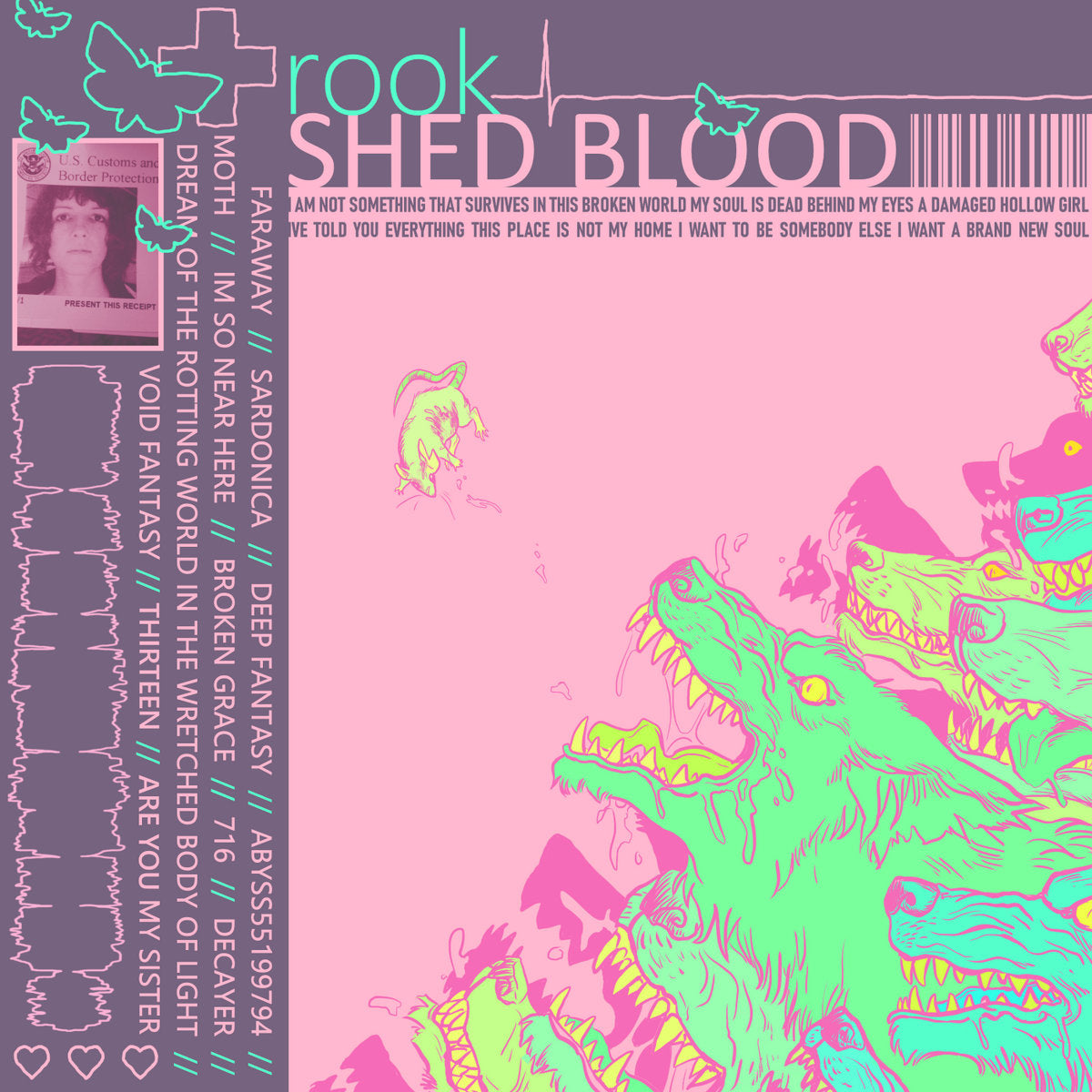 Original square album art for Shed Blood. Features with colorful design, text, and a wolf illustration on a pink background
