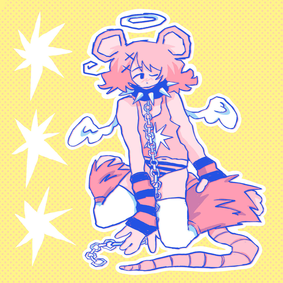 Original square album art for Rookie's Bustle. Animated character with angelic features on a yellow background