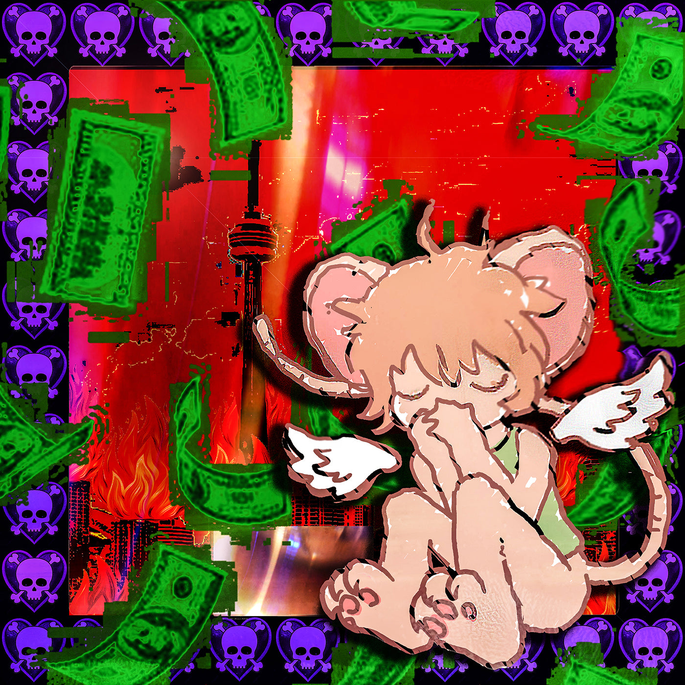 Original square album art for Unkillable Angel. Animated mouse character with angel wings surrounded by green money and purple skulls on a red background